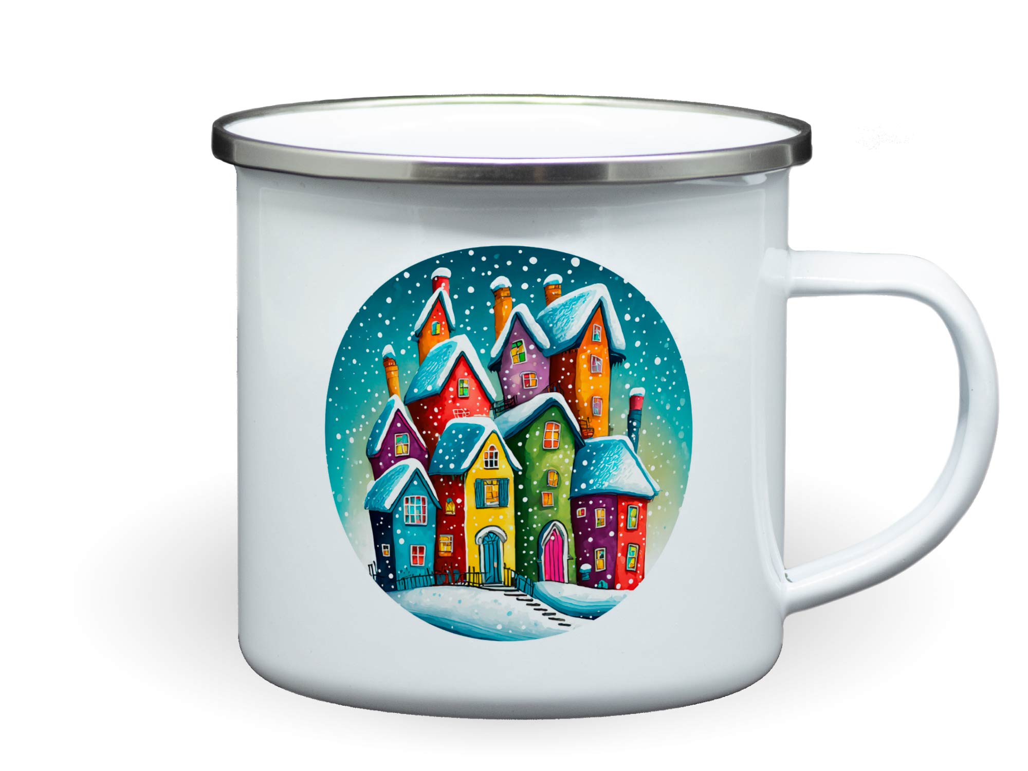 Bedruckte Emailletasse Weihnachtstasse Winterhäuser bunt