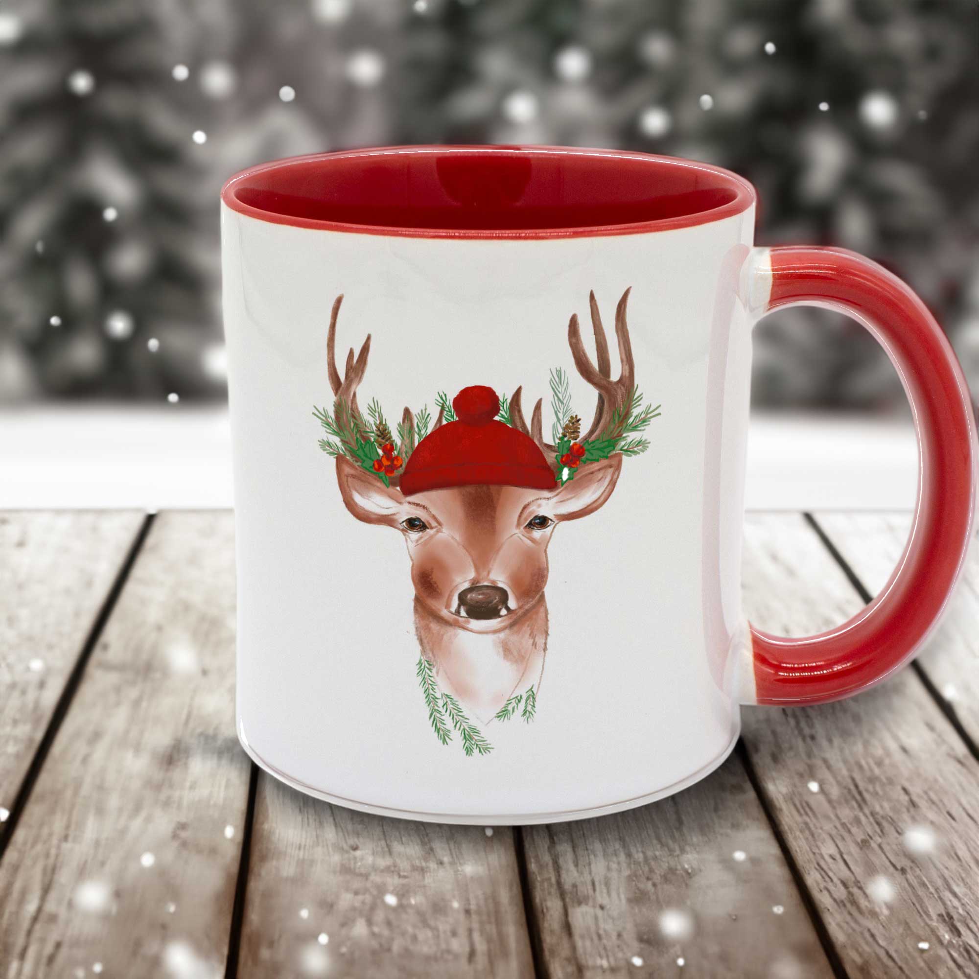Weihnachtstasse mit Hirsch und rotem Henkel
