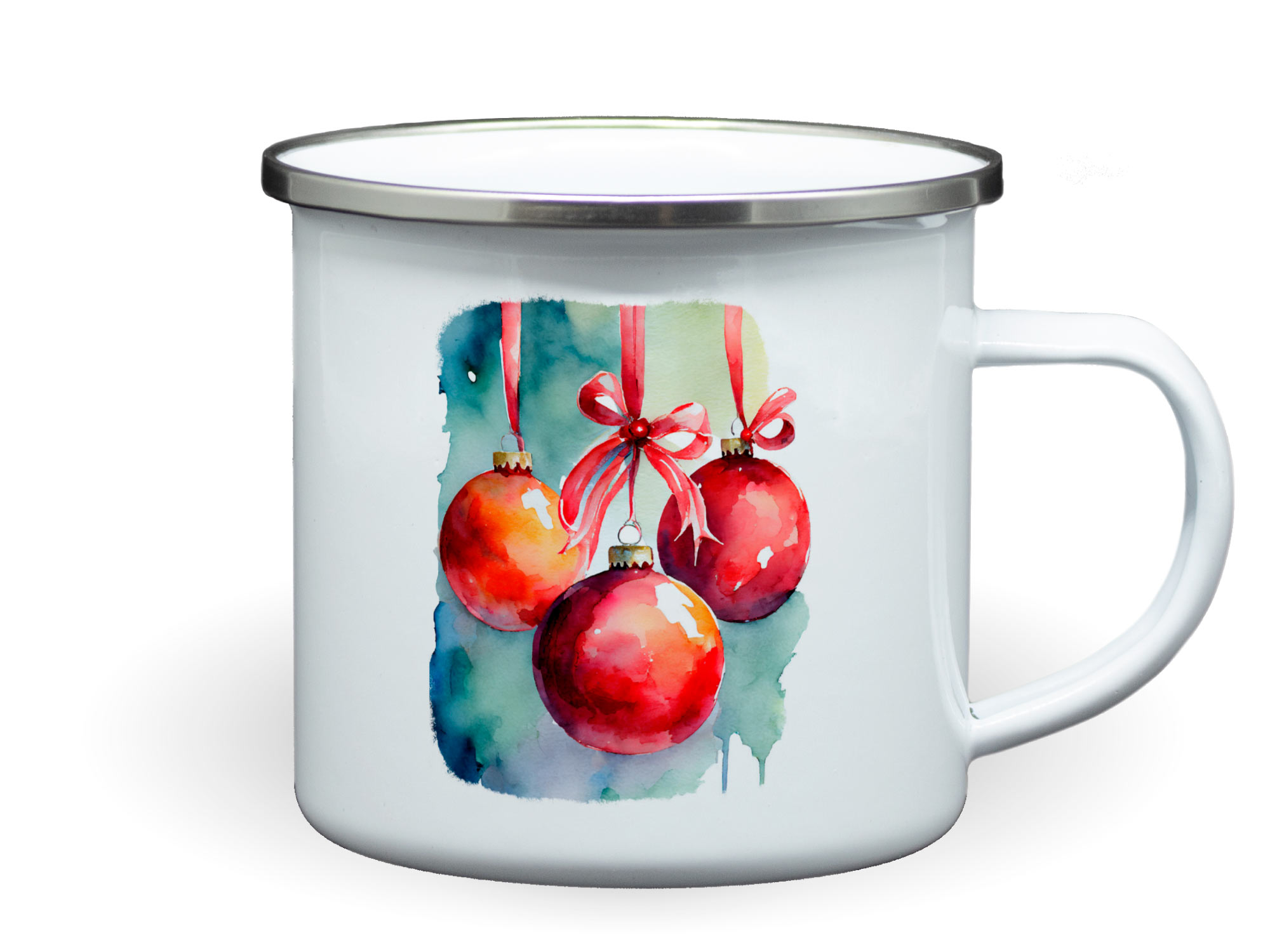 Emailletasse Weihnachtskugeln rot silberner Rand