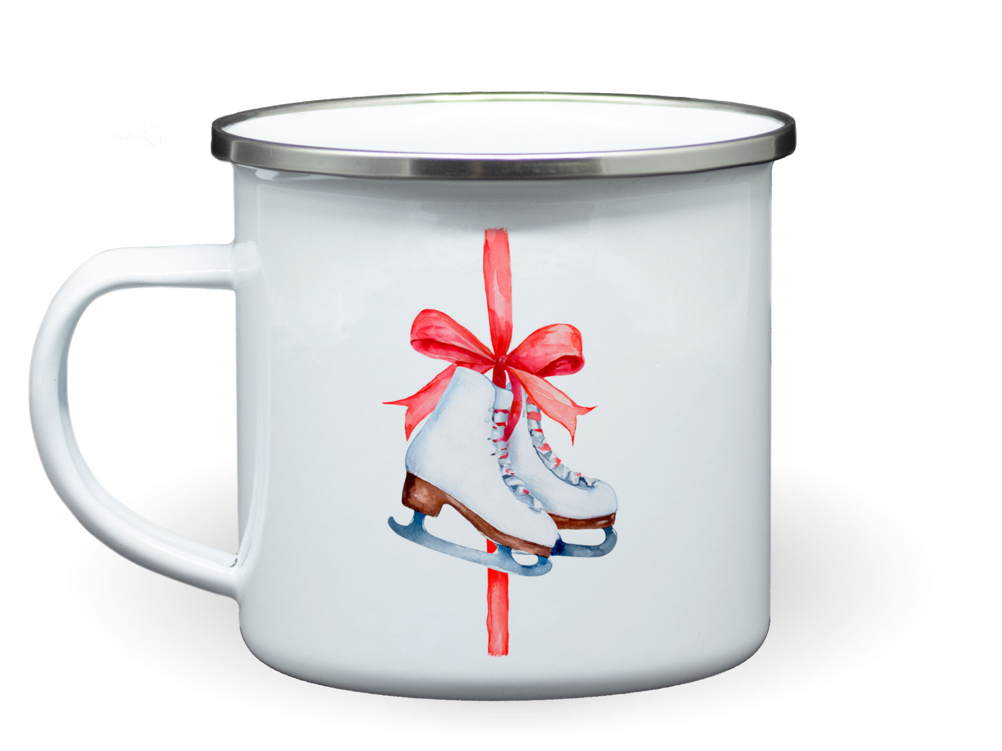 Bedruckte Emailletasse mit Grafik Schlittschuhe an roter Schleife