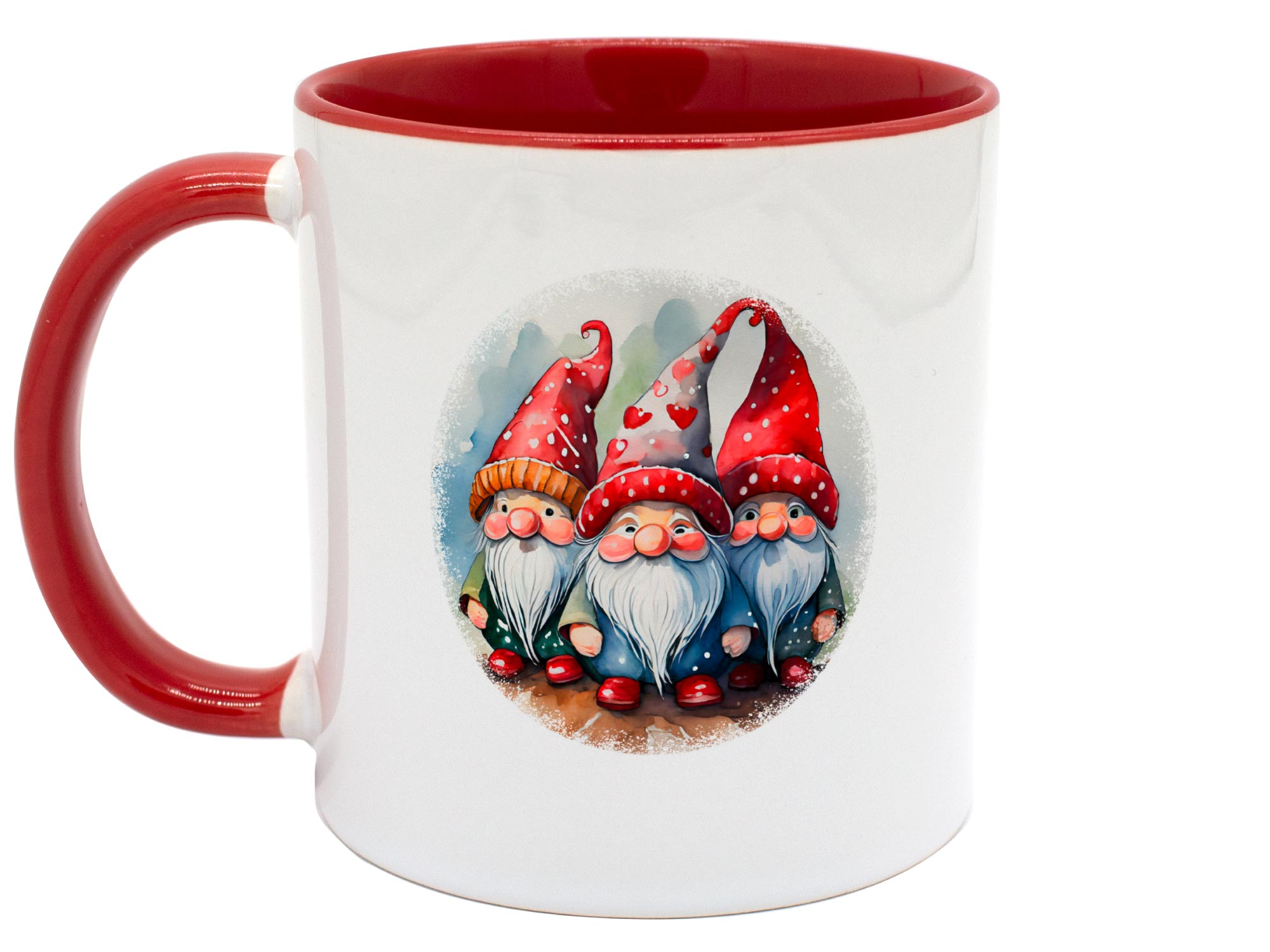 Weihnachtstasse Wichtel weiße Keramiktasse mit rotem Henkel