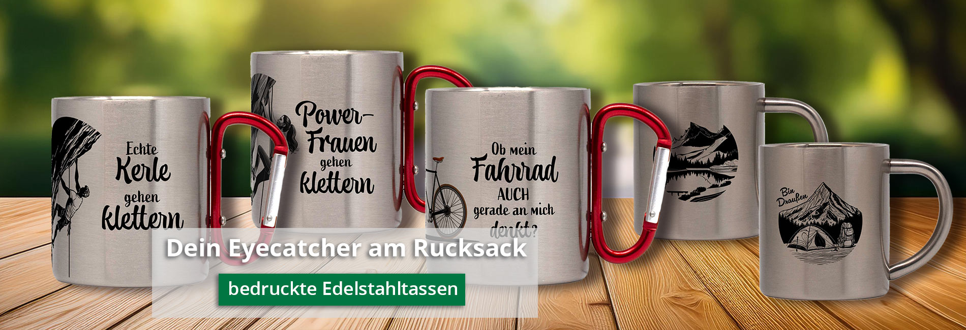 bedruckte tassen aus edelstahl mit karabiner für klettern wandern radfahren