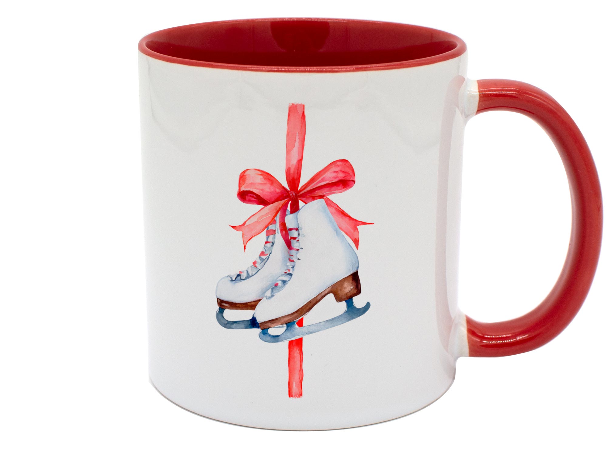 Bedruckte Tasse Schlittschuhe an roter Schleife roter Henkel