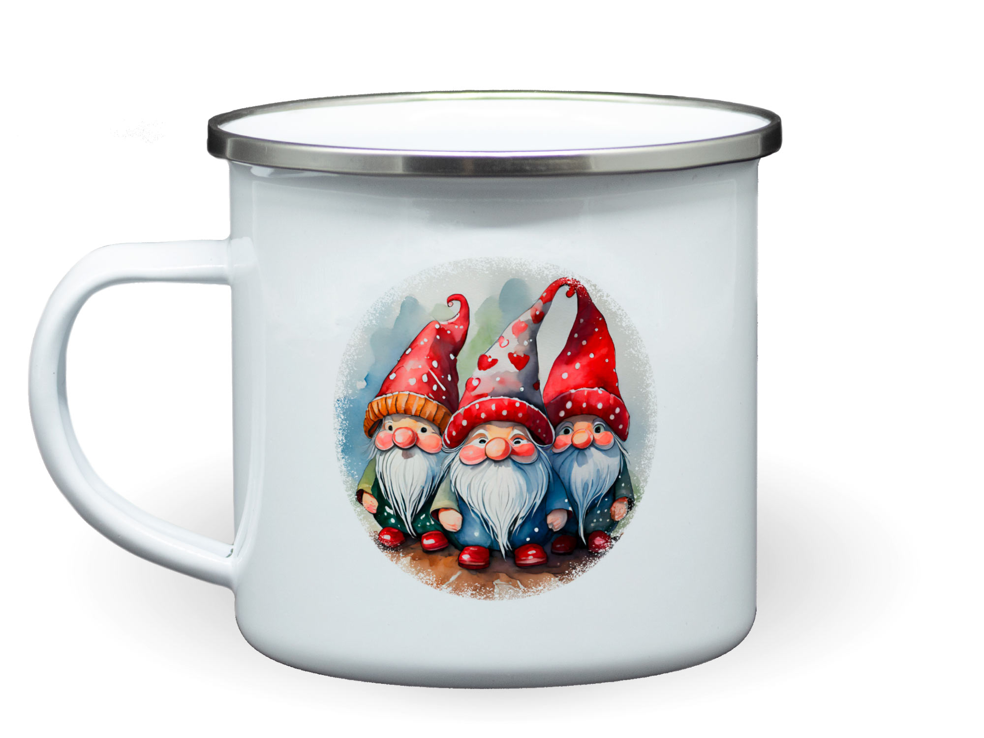 Wandertasse Weihnachten Wichtel Emailletasse mit silbernem Rand und schöner Grafik