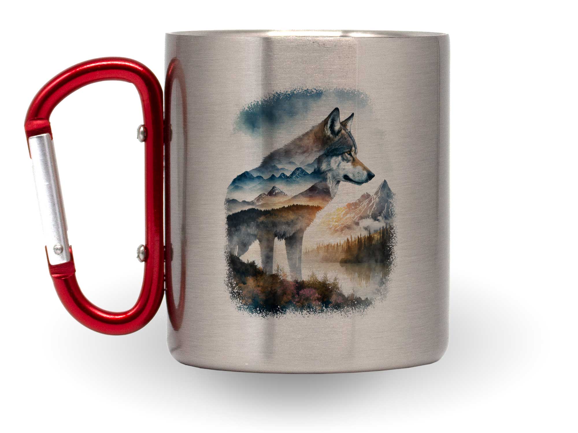 Bedruckte Edelstahltasse mit Karabiner Wolf-Bild